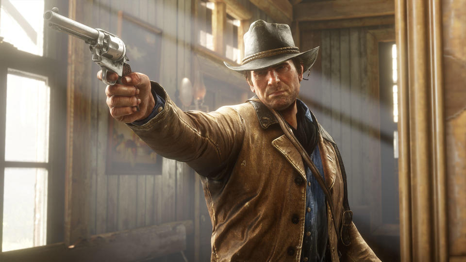 A detailed in-game landscape from Red Dead Redemption 2, showing its vast open-world environment.