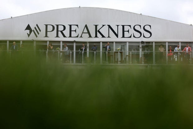 Horses racing in the Preakness Stakes at Pimlico Race Course